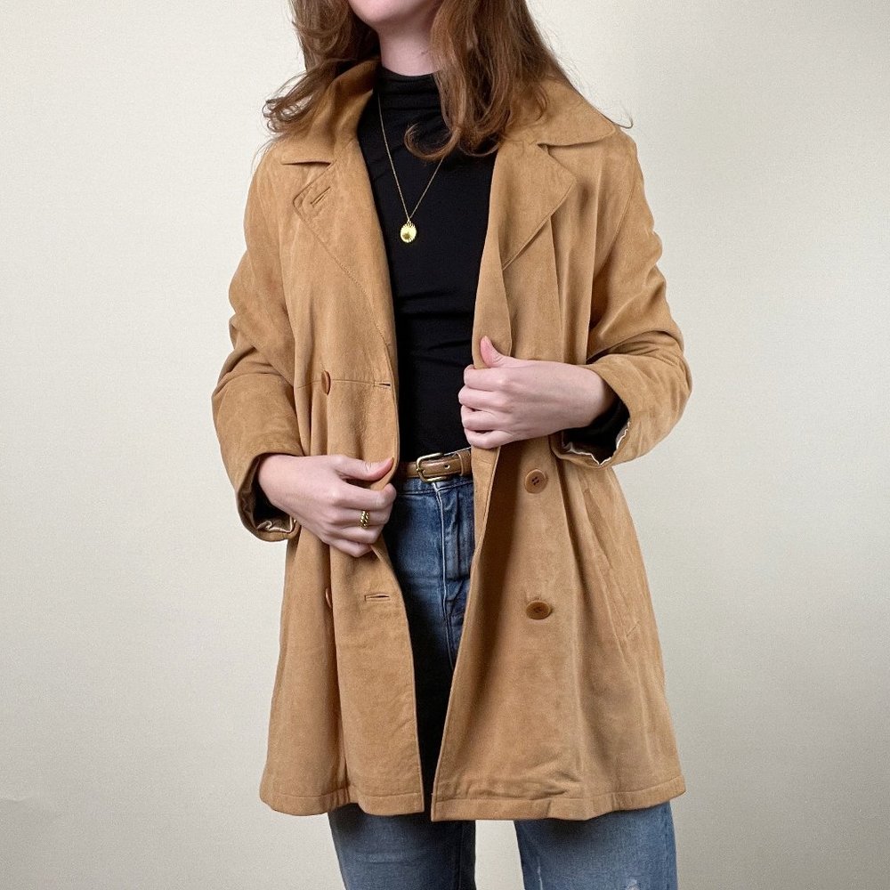 Vintage Suede Leather Camel Double Breasted Peacoat Trench Jacket Coat Shacket - Picture 7 of 7